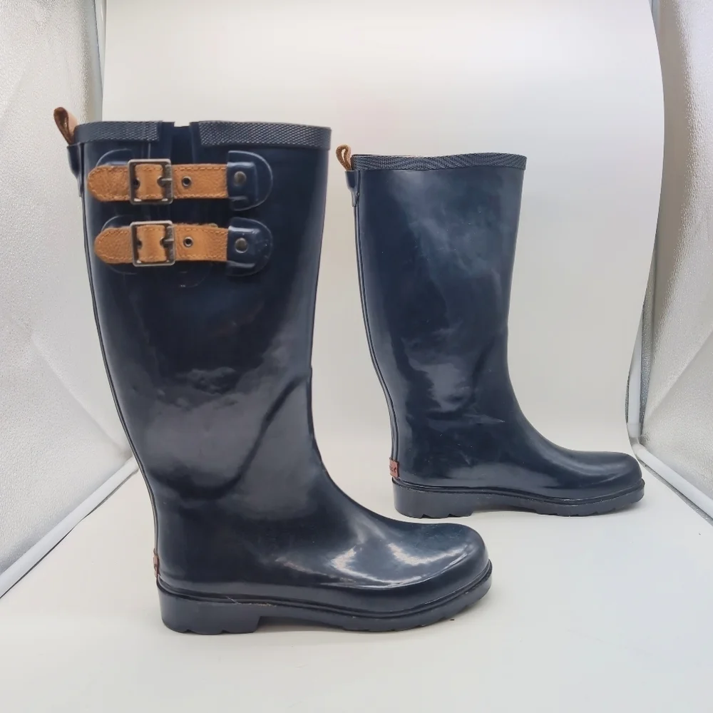 Chooka Dark Blue Rain Boots with Brown Buckles Sz 6 1011997 WSC 14042801